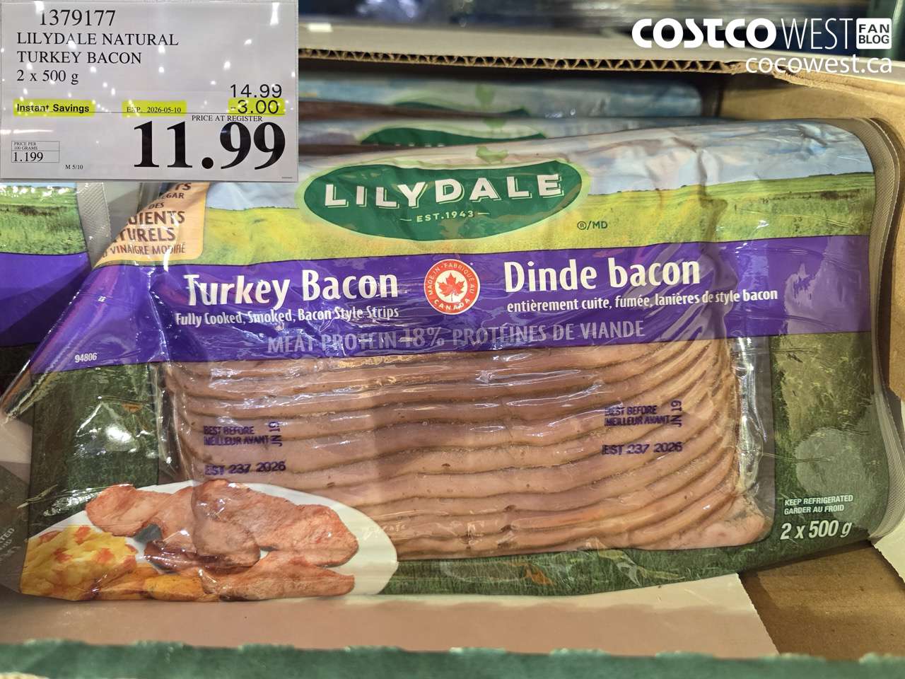 1379177 LILYDALE NATURAL TURKEY BACON 2 X 500 G ($3.00 INSTANT SAVINGS EXPIRES ON 2026-05-10) $11.99