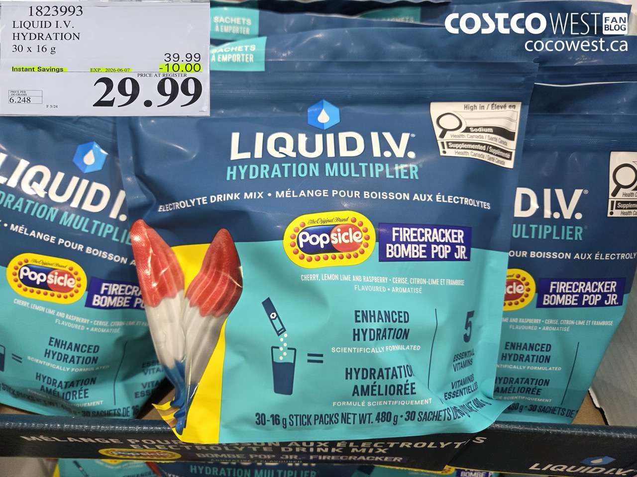 1823993 LIQUID I.V. HYDRATION 30 X 16 G ($10.00 INSTANT SAVINGS EXPIRES ON 2026-06-07) $29.99