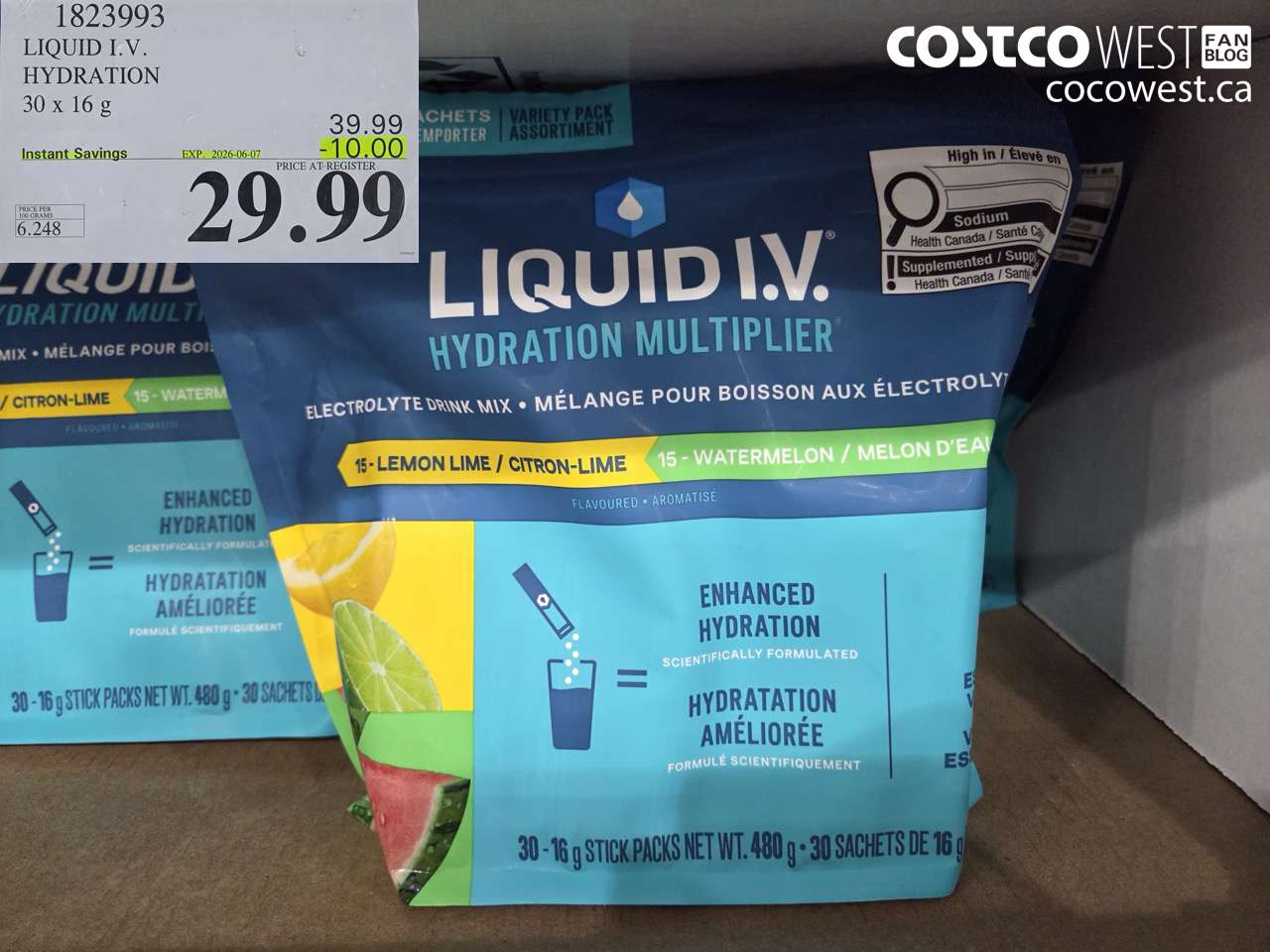1823993 LIQUID I.V. HYDRATION 30 X 16 G ($10.00 INSTANT SAVINGS EXPIRES ON 2026-06-07) $29.99