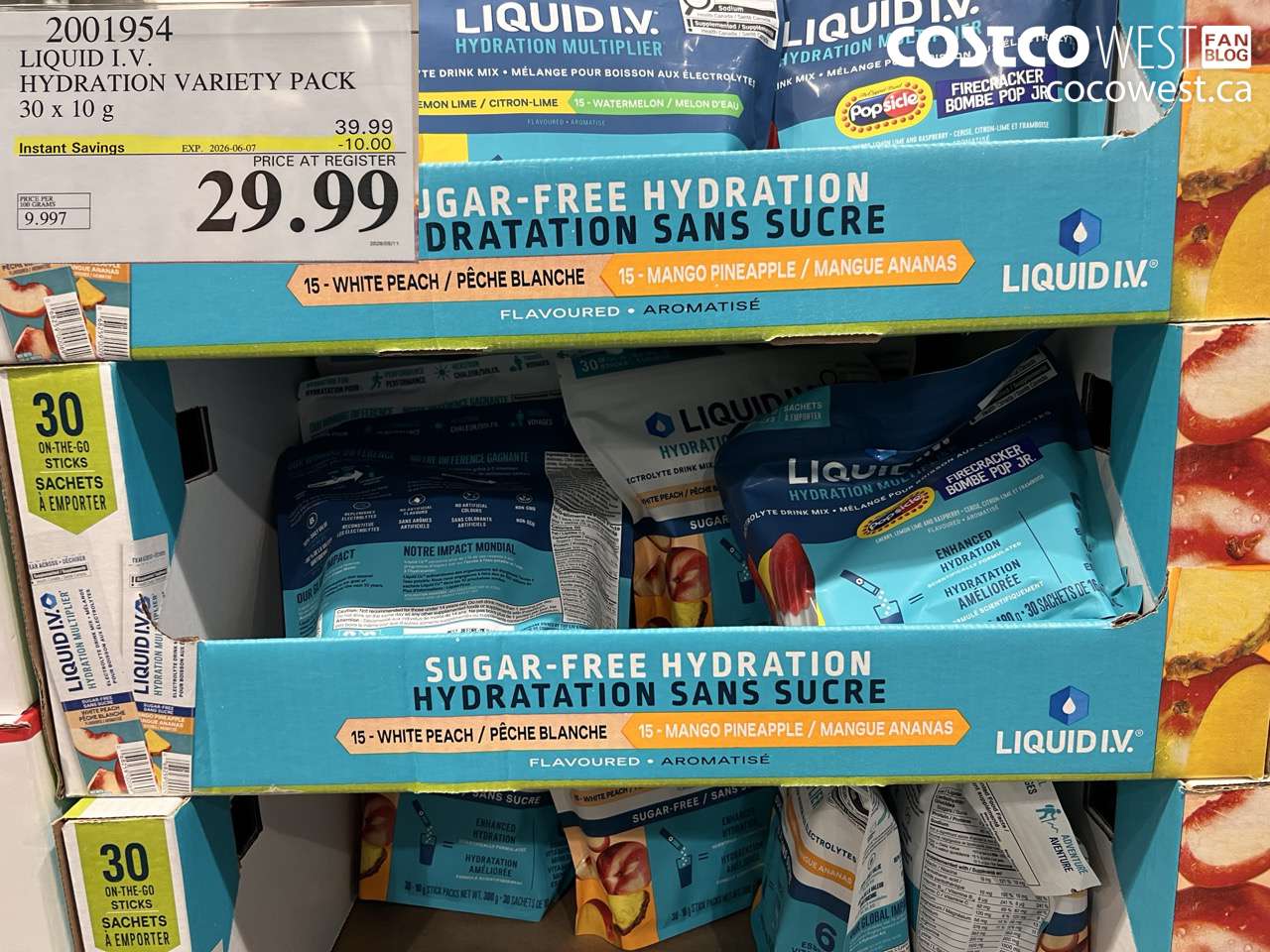 2001954 LIQUID I.V. HYDRATION VARIETY PACK 30 X 10 G ($10.00 INSTANT SAVINGS EXPIRES ON 2026-06-07) $29.99