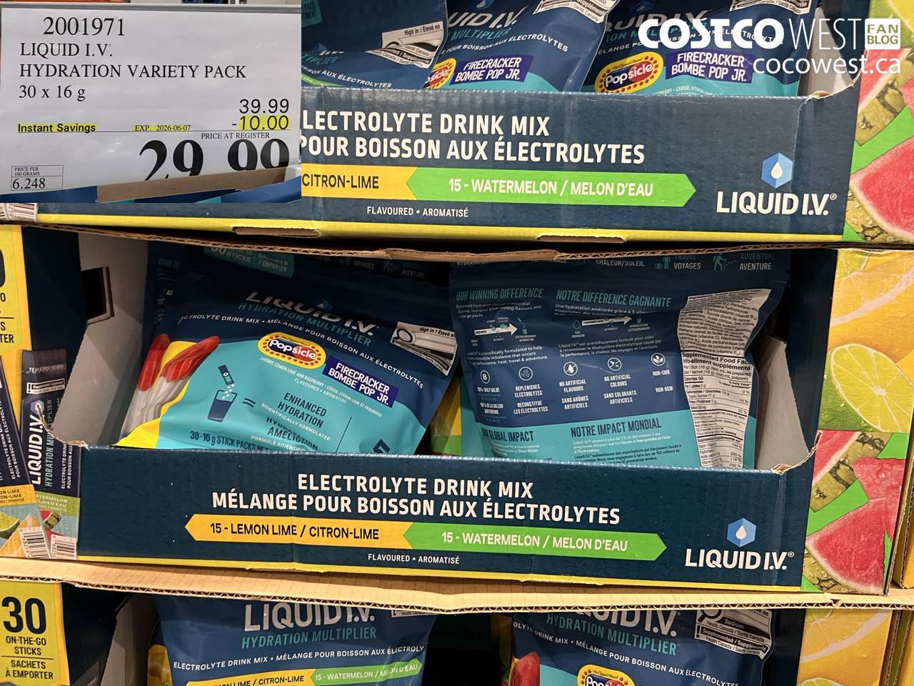 2001971 LIQUID I.V. HYDRATION VARIETY PACK 30 X 16 G ($10.00 INSTANT SAVINGS EXPIRES ON 2026-06-07) $29.99
