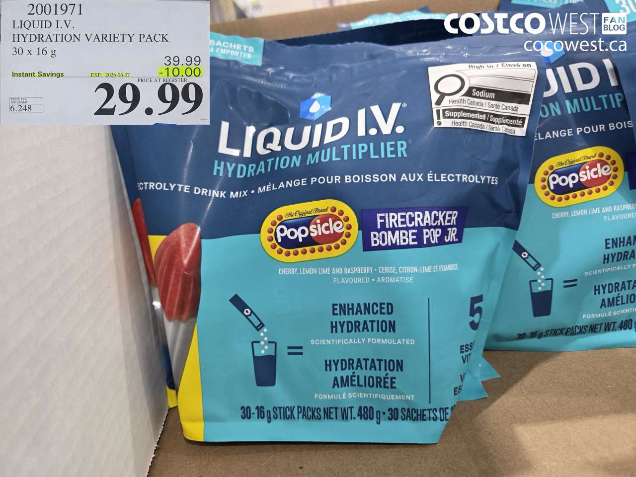 2001971 LIQUID I.V. HYDRATION VARIETY PACK 30 X 16 G ($10.00 INSTANT SAVINGS EXPIRES ON 2026-06-07) $29.99