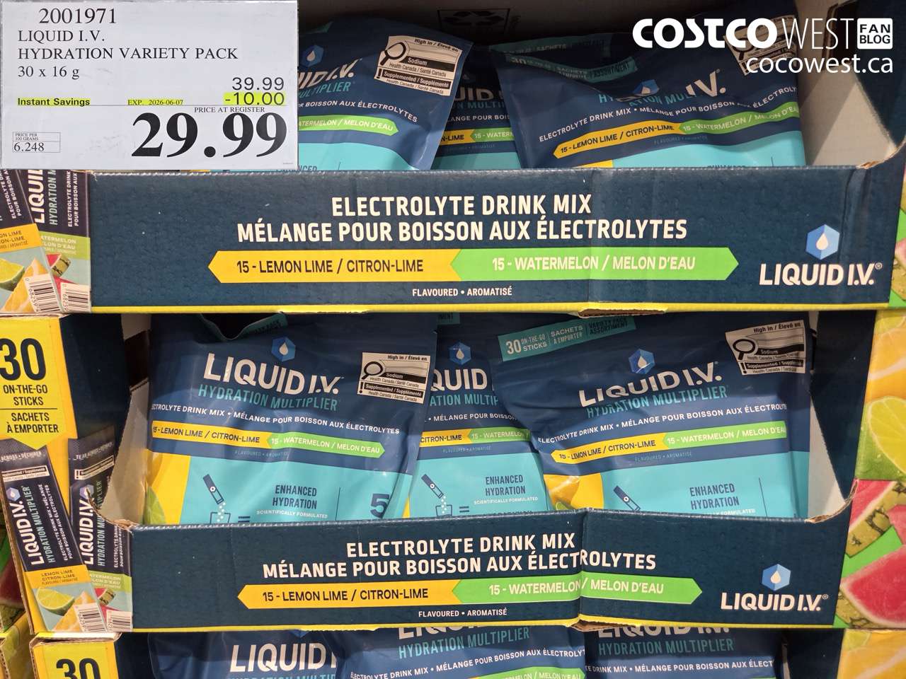 2001971 LIQUID I.V. HYDRATION VARIETY PACK 30 X 16 G ($10.00 INSTANT SAVINGS EXPIRES ON 2026-06-07) $29.99