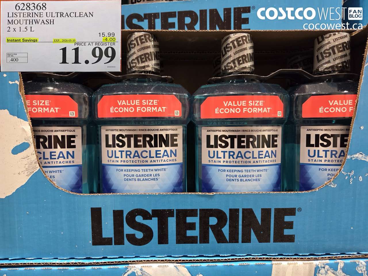 628368 LISTERINE ULTRACLEAN MOUTHWASH 2 X 1.5 L ($4.00 INSTANT SAVINGS EXPIRES ON 2026-05-10) $11.99