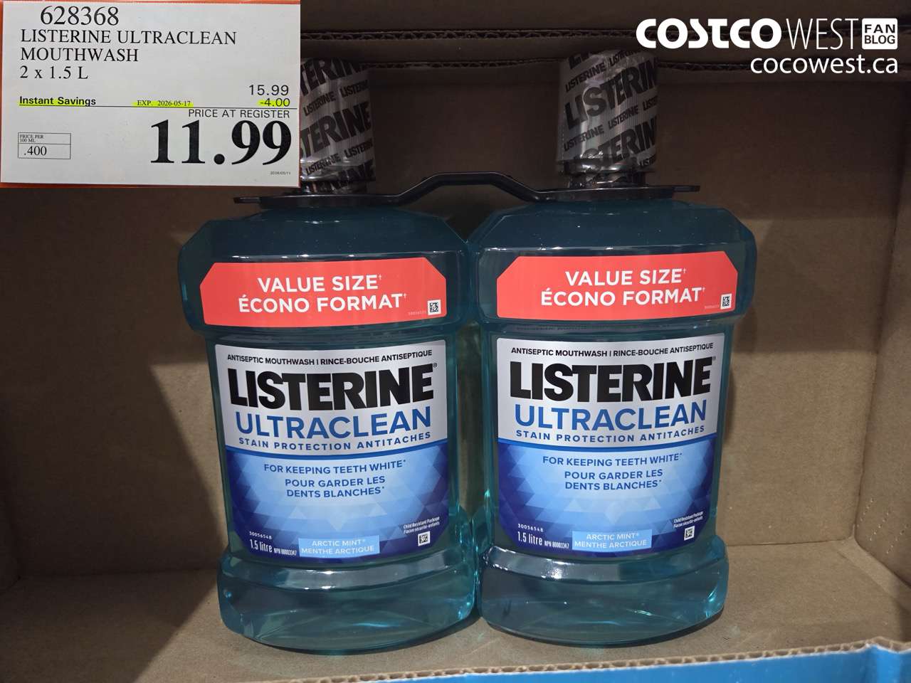628368 LISTERINE ULTRACLEAN MOUTHWASH 2 X 1.5 L ($4.00 INSTANT SAVINGS EXPIRES ON 2026-05-17) $11.99
