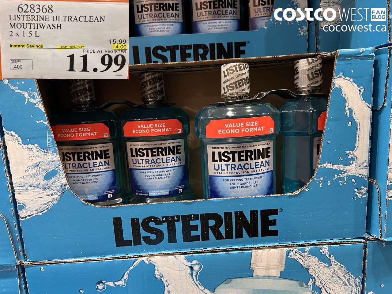 628368 LISTERINE ULTRACLEAN MOUTHWASH 2 X 1.5 L ($4.00 INSTANT SAVINGS EXPIRES ON 2026-05-17) $11.99