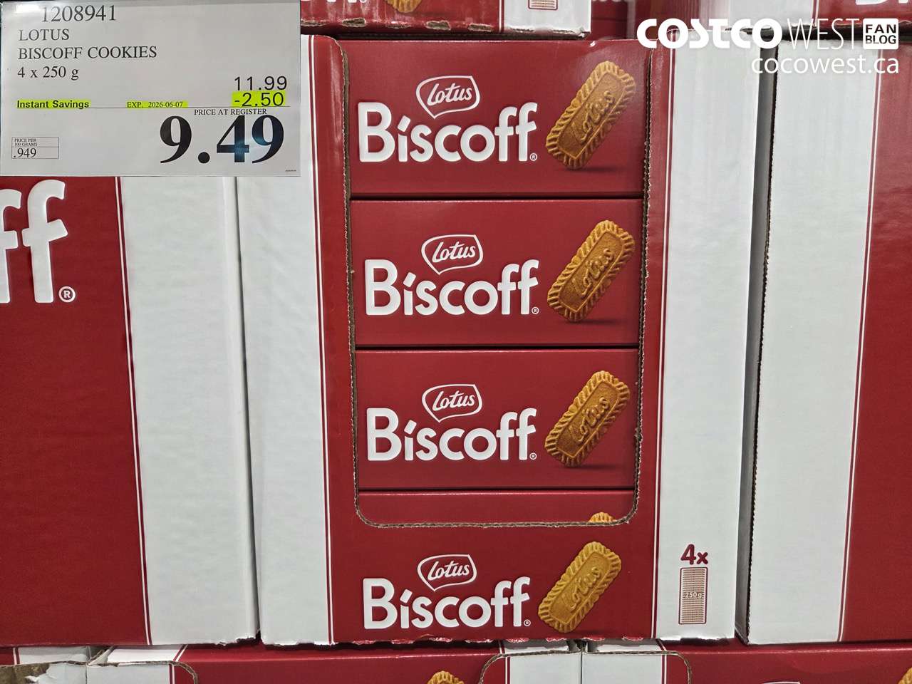 1208941 LOTUS BISCOFF COOKIES 4 X 250 G ($2.50 INSTANT SAVINGS EXPIRES ON 2026-06-07) $9.49