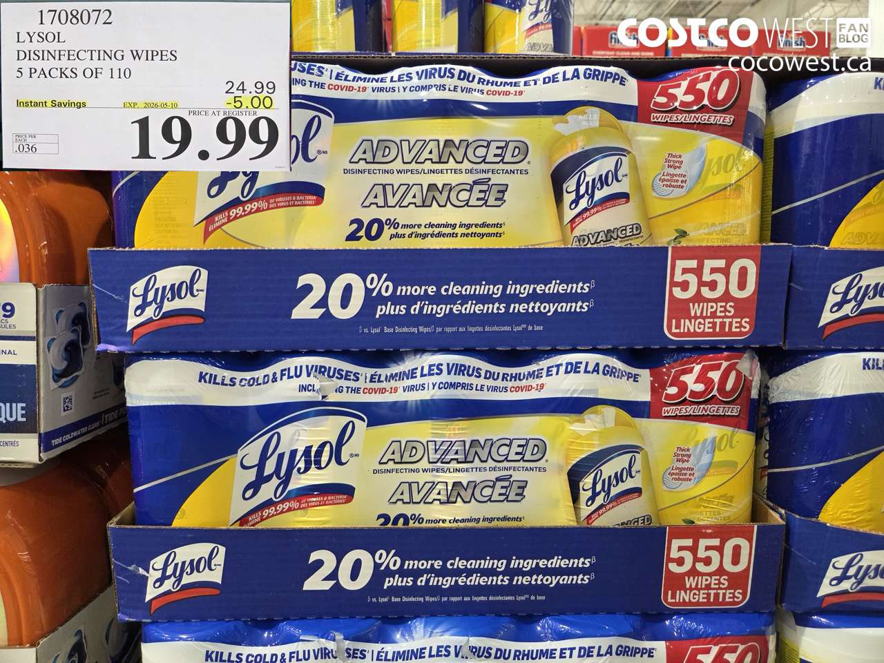 1708072 LYSOL DISINFECTING WIPES 5 PACKS OF 110 ($5.00 INSTANT SAVINGS EXPIRES ON 2026-05-10) $19.99