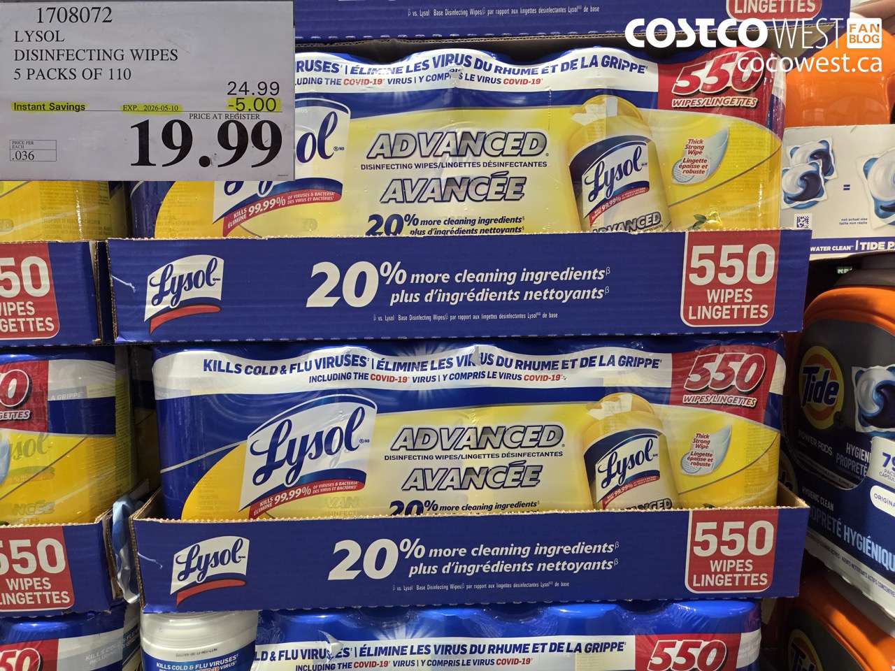 1708072 LYSOL DISINFECTING WIPES 5 PACKS OF 110 ($5.00 INSTANT SAVINGS EXPIRES ON 2026-05-10) $19.99