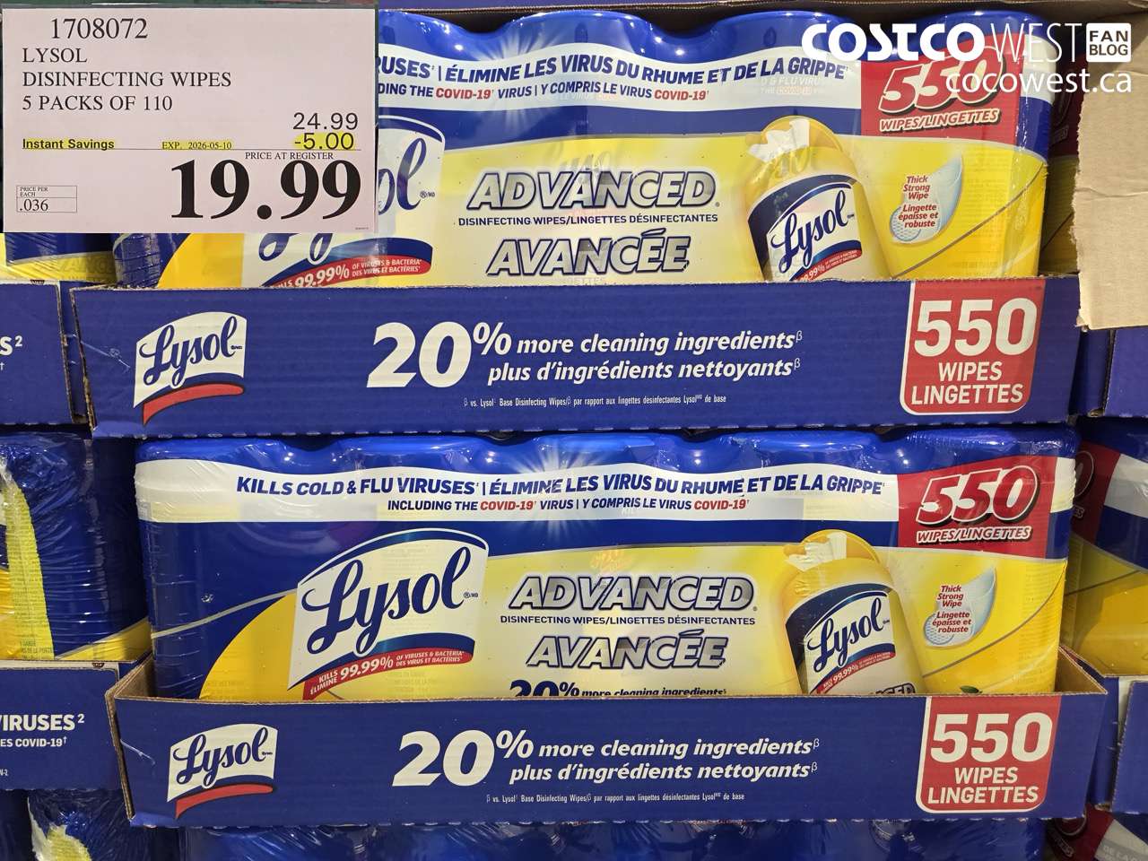 1708072 LYSOL DISINFECTING WIPES 5 PACKS OF 110 ($5.00 INSTANT SAVINGS EXPIRES ON 2026-05-10) $19.99