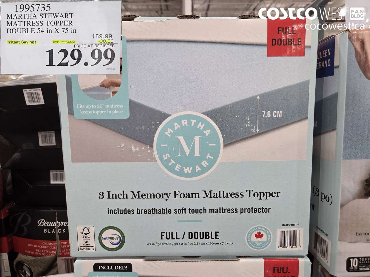 1995735 MARTHA STEWART MATTRESS TOPPER DOUBLE 54 IN X 75 IN ($30.00 INSTANT SAVINGS EXPIRES ON 2026-05-10) $129.99