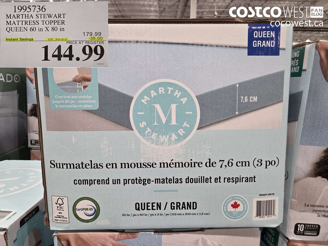 1995736 MARTHA STEWART MATTRESS TOPPER QUEEN 60 IN X 80 IN ($35.00 INSTANT SAVINGS EXPIRES ON 2026-05-03) $144.99