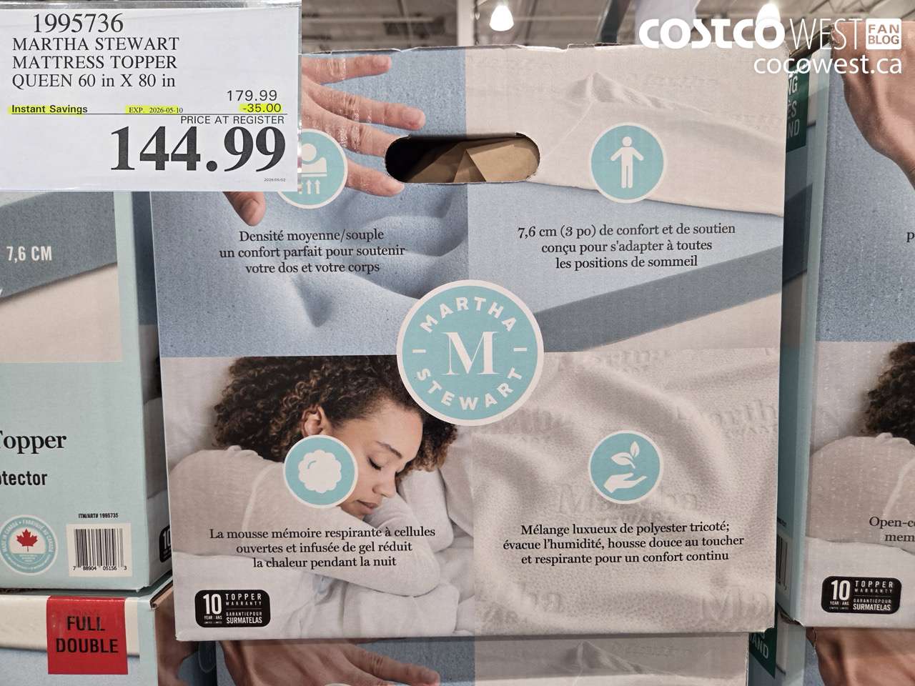 1995736 MARTHA STEWART MATTRESS TOPPER QUEEN 60 IN X 80 IN ($35.00 INSTANT SAVINGS EXPIRES ON 2026-05-10) $144.99