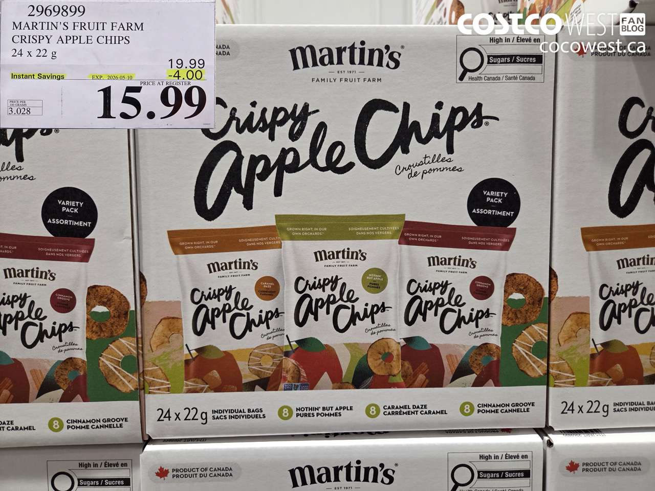 2969899 MARTIN'S FRUIT FARM CRISPY APPLE CHIPS 24 X 22 G ($4.00 INSTANT SAVINGS EXPIRES ON 2026-05-10) $15.99