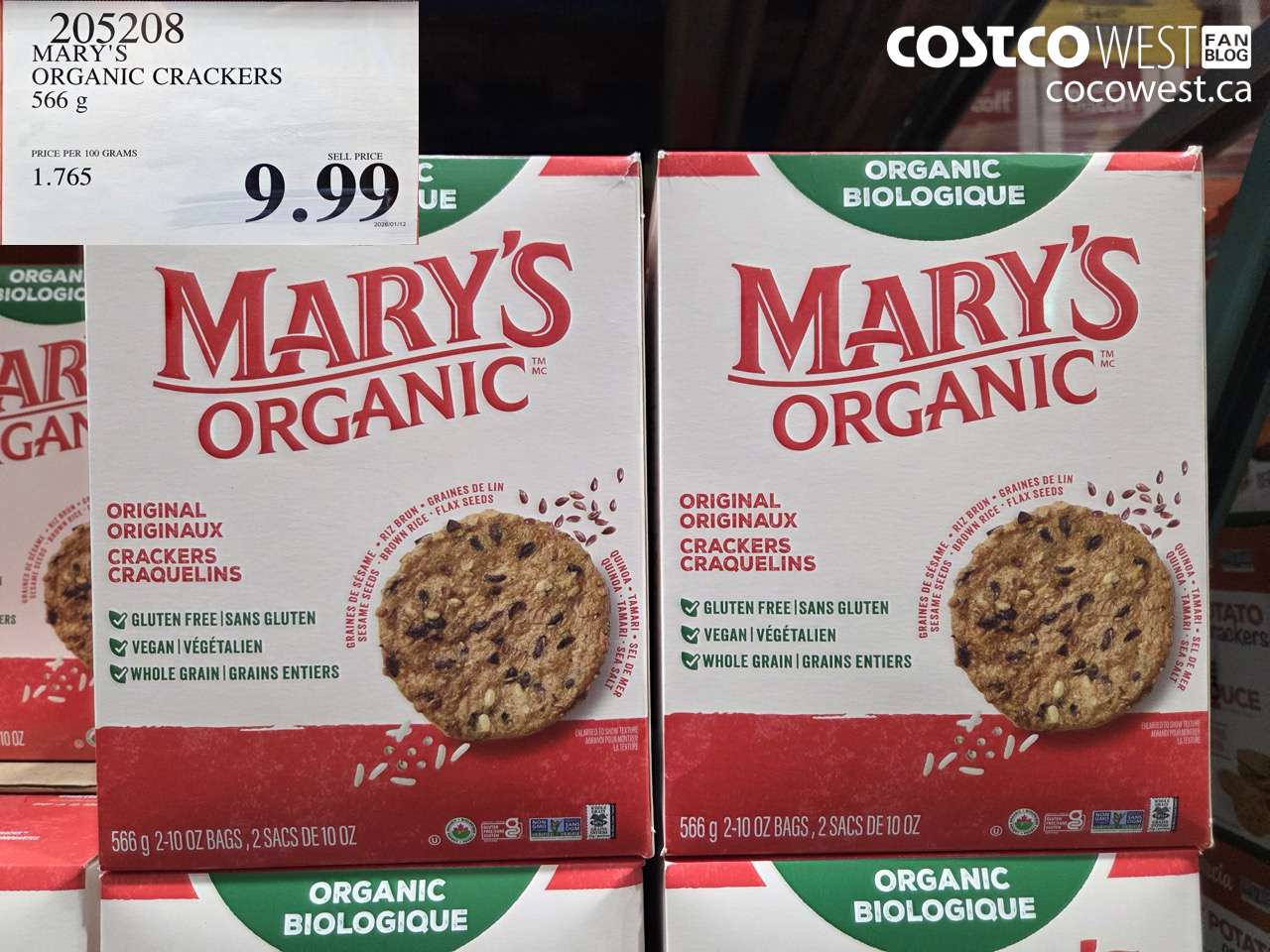 205208 MARY'S ORGANIC CRACKERS 566 G $9.99