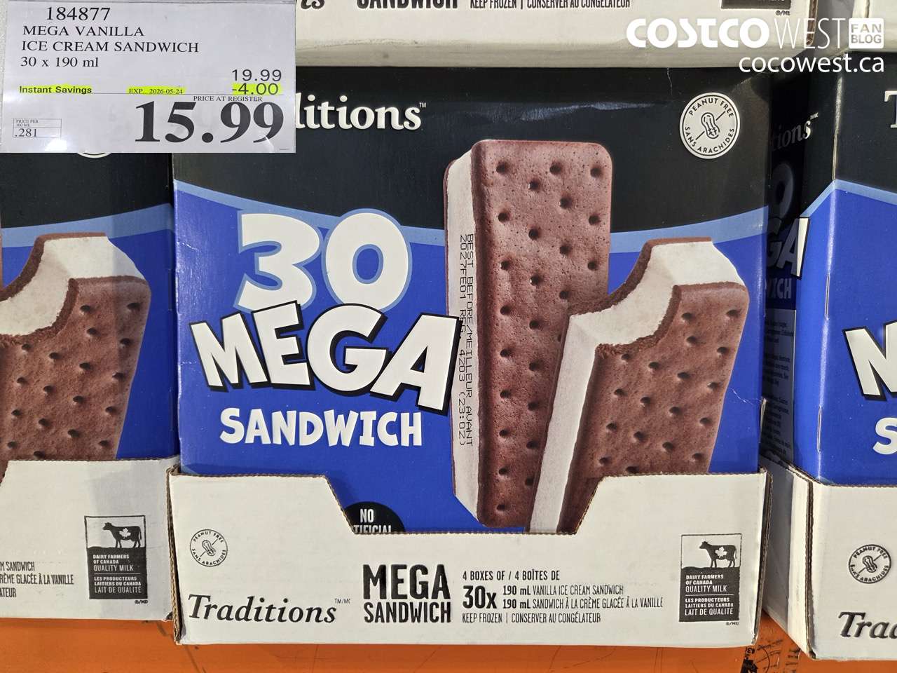 184877 MEGA VANILLA ICE CREAM SANDWICH 30 X 190 ML ($4.00 INSTANT SAVINGS EXPIRES ON 2026-05-24) $15.99