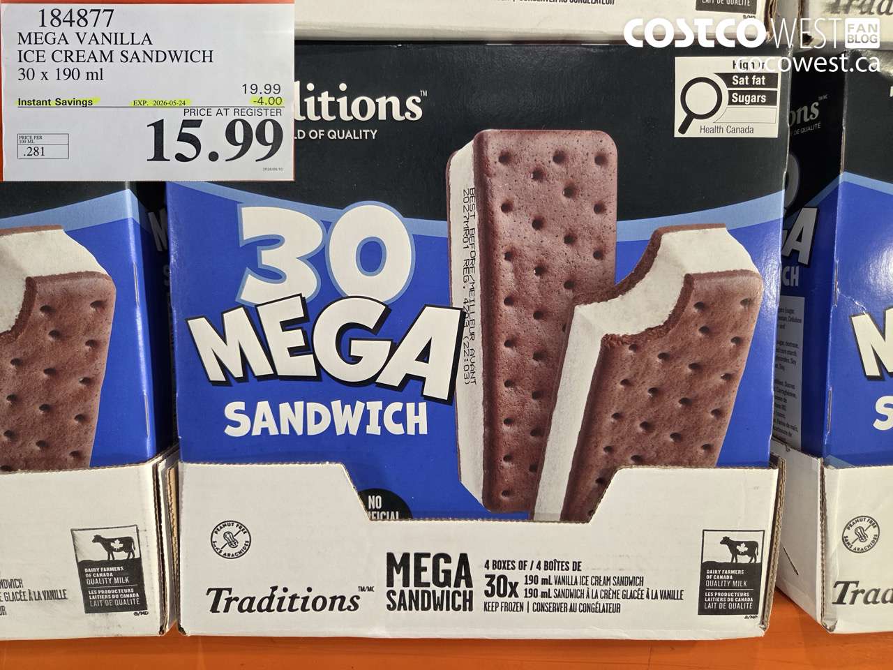 184877 MEGA VANILLA ICE CREAM SANDWICH 30 X 190 ML ($4.00 INSTANT SAVINGS EXPIRES ON 2026-05-24) $15.99