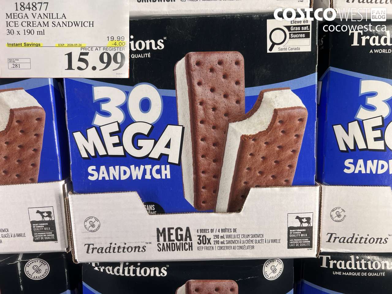 184877 MEGA VANILLA ICE CREAM SANDWICH 30 X 190 ML ($4.00 INSTANT SAVINGS EXPIRES ON 2026-05-24) $15.99