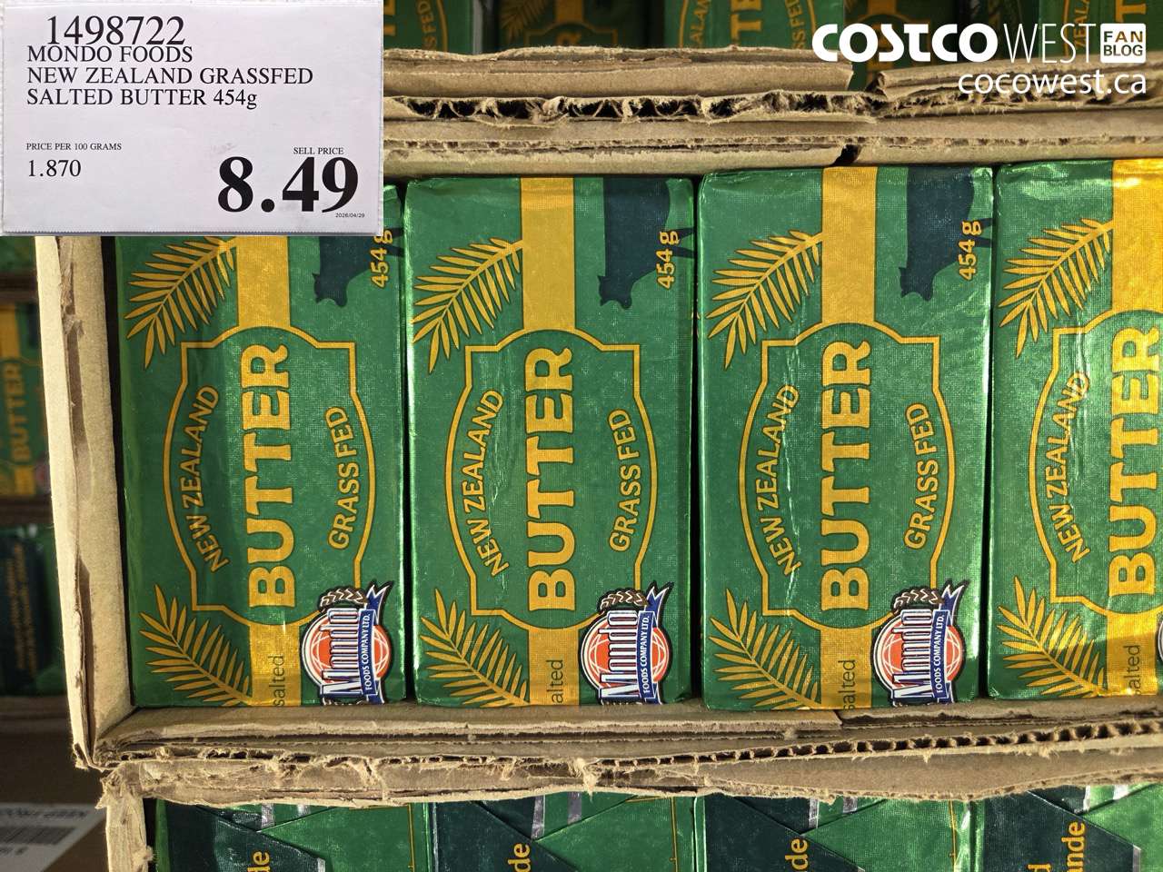 1498722 MONDO FOODS NEW ZEALAND GRASSFED SALTED BUTTER 454G $8.49