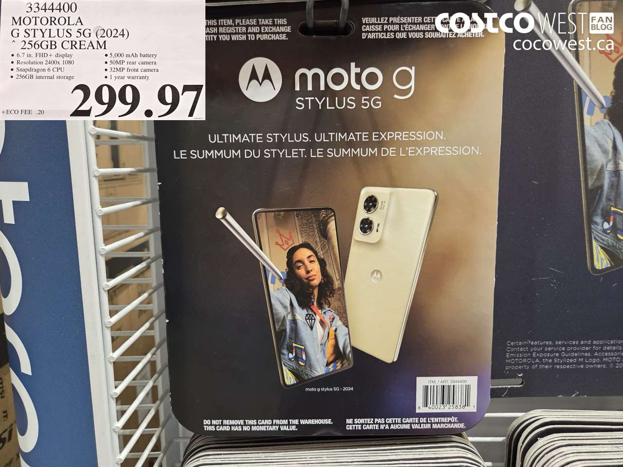 3344400 MOTOROLA G STYLUS 5G (2024) 256GB CREAM $299.97