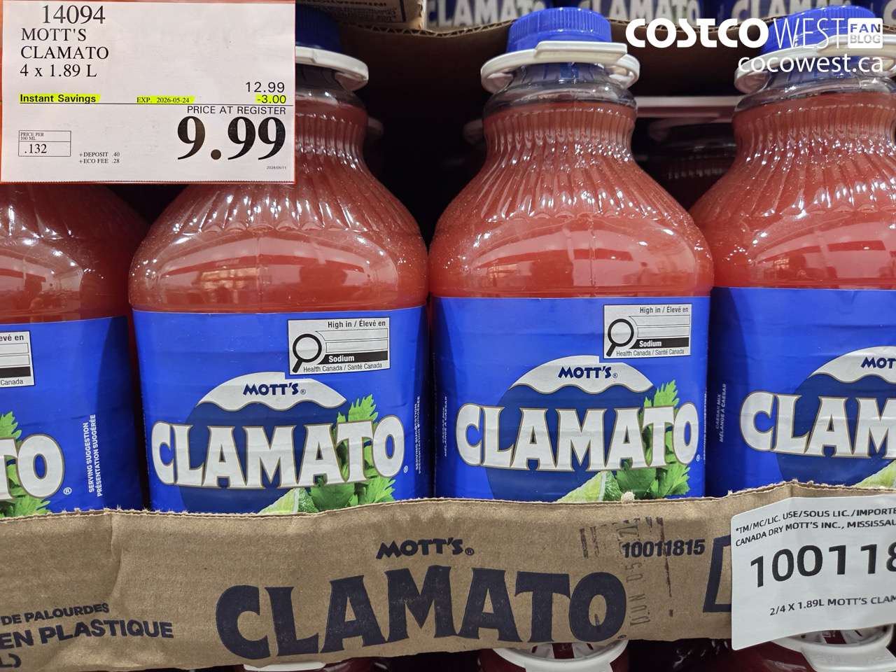 14094 MOTT'S CLAMATO 4 X 1.89 L ($3.00 INSTANT SAVINGS EXPIRES ON 2026-05-24) $9.99
