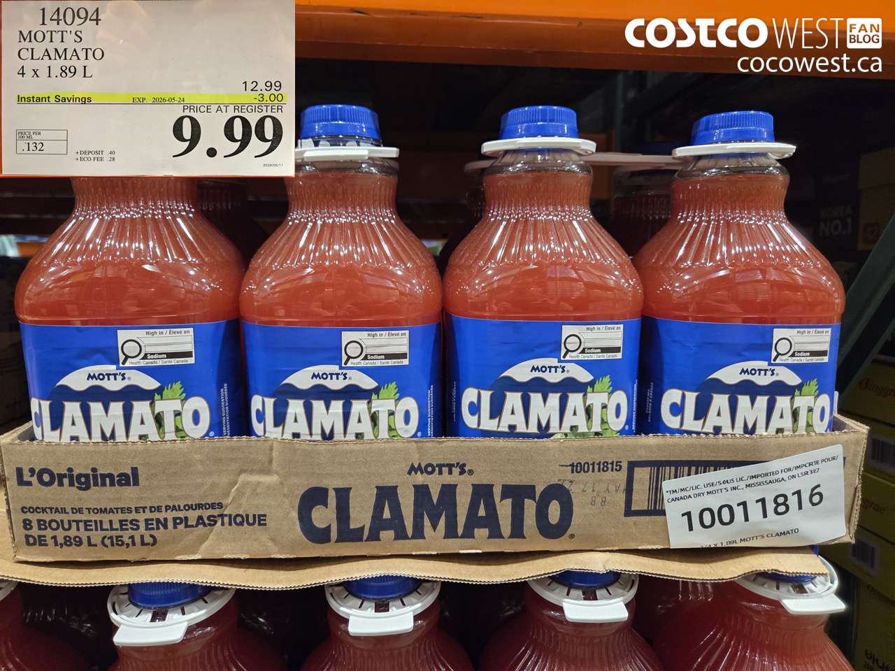 14094 MOTT'S CLAMATO 4 X 1.89 L ($3.00 INSTANT SAVINGS EXPIRES ON 2026-05-24) $9.99