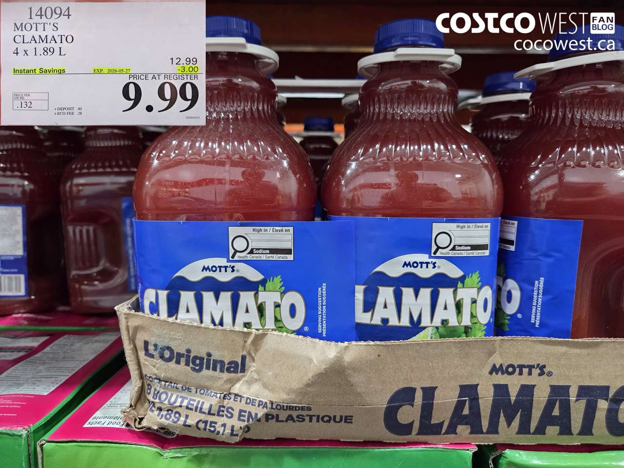 14094 MOTT'S CLAMATO 4 X 1.89 L ($3.00 INSTANT SAVINGS EXPIRES ON 2026-05-27) $9.99