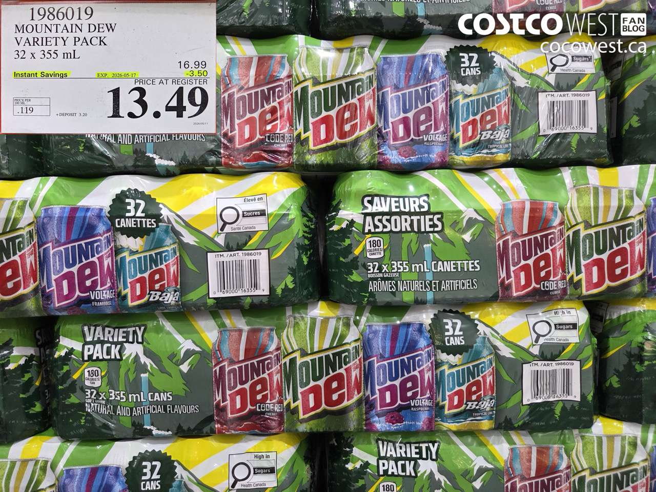 1986019 MOUNTAIN DEW VARIETY PACK 32 X 355 ML ($3.50 INSTANT SAVINGS EXPIRES ON 2026-05-17) $13.49