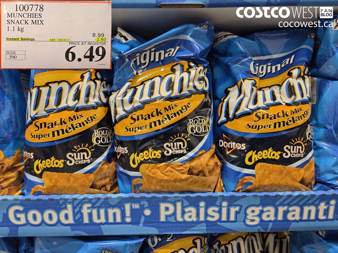 100778 MUNCHIES SNACK MIX 1.1 KG ($2.50 INSTANT SAVINGS EXPIRES ON 2026-05-17) $6.49