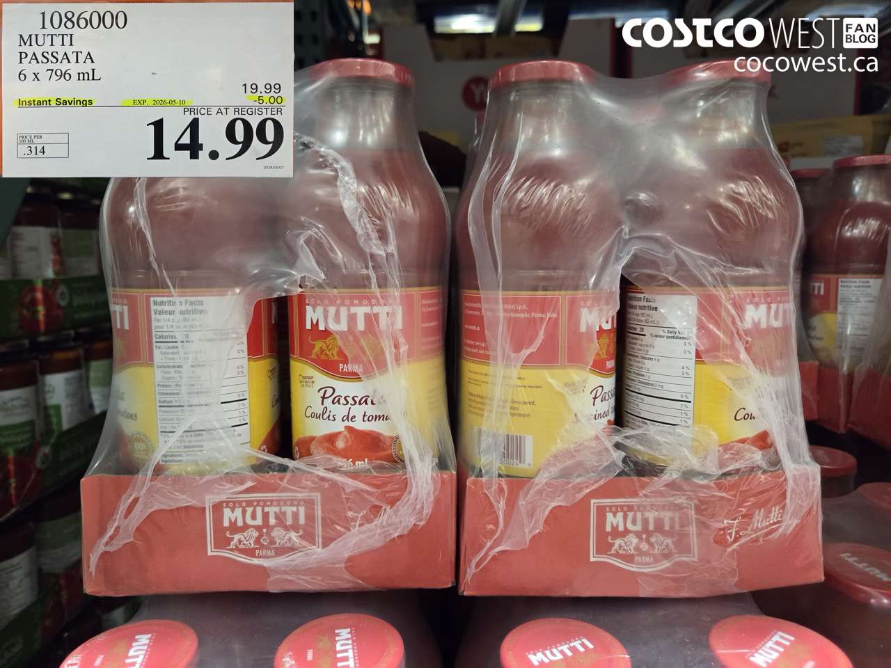 1086000 MUTTI PASSATA 6 X 796 ML ($5.00 INSTANT SAVINGS EXPIRES ON 2026-05-10) $14.99