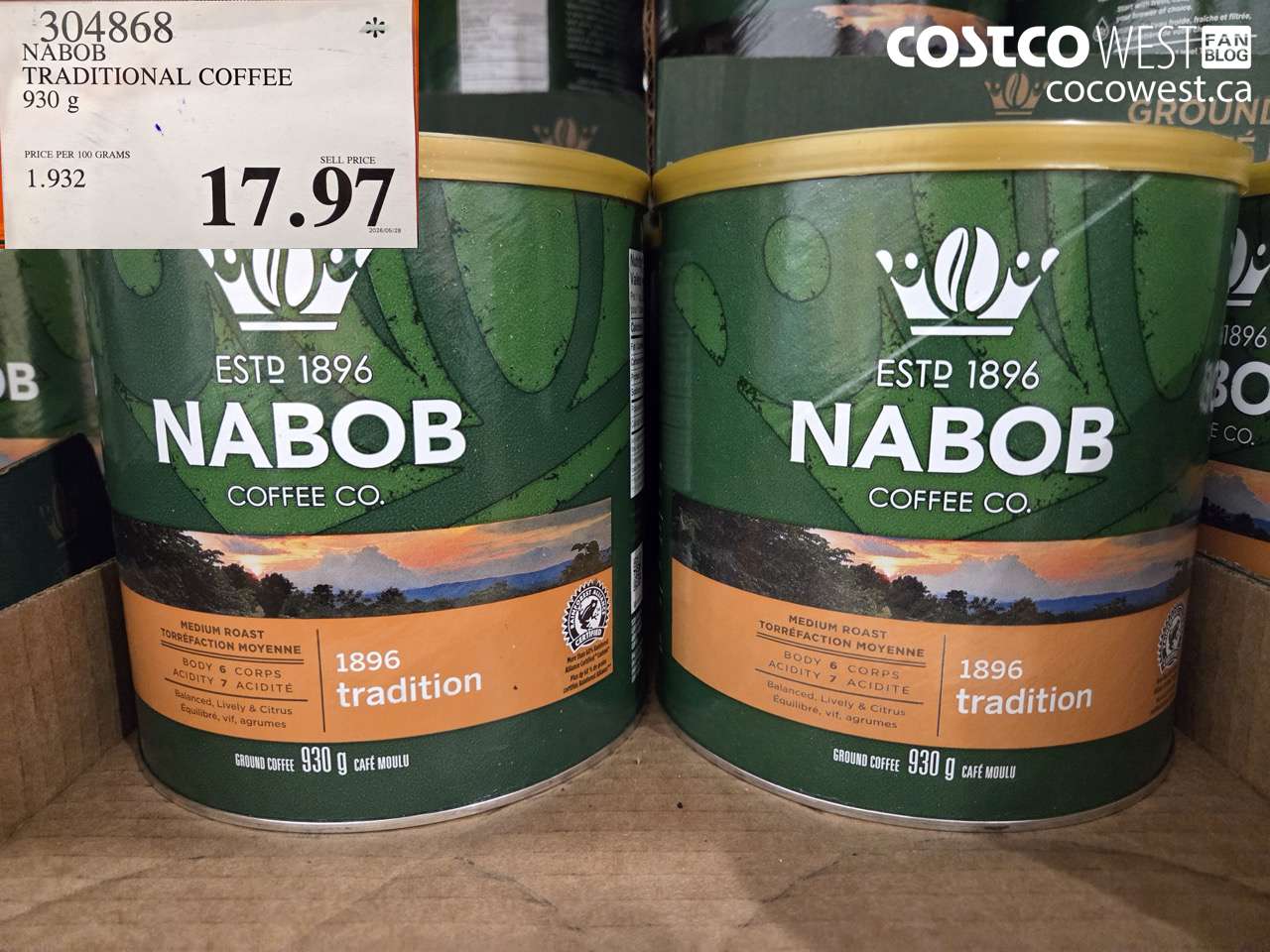 304868 NABOB TRADITIONAL COFFEE 930 G $17.97