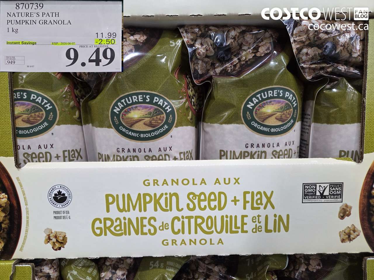 870739 NATURE'S PATH PUMPKIN GRANOLA 1 KG ($2.50 INSTANT SAVINGS EXPIRES ON 2026-06-07) $9.49