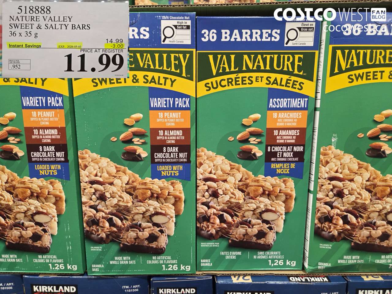 518888 NATURE VALLEY SWEET & SALTY BARS 36 X 35 G ($3.00 INSTANT SAVINGS EXPIRES ON 2026-05-03) $11.99