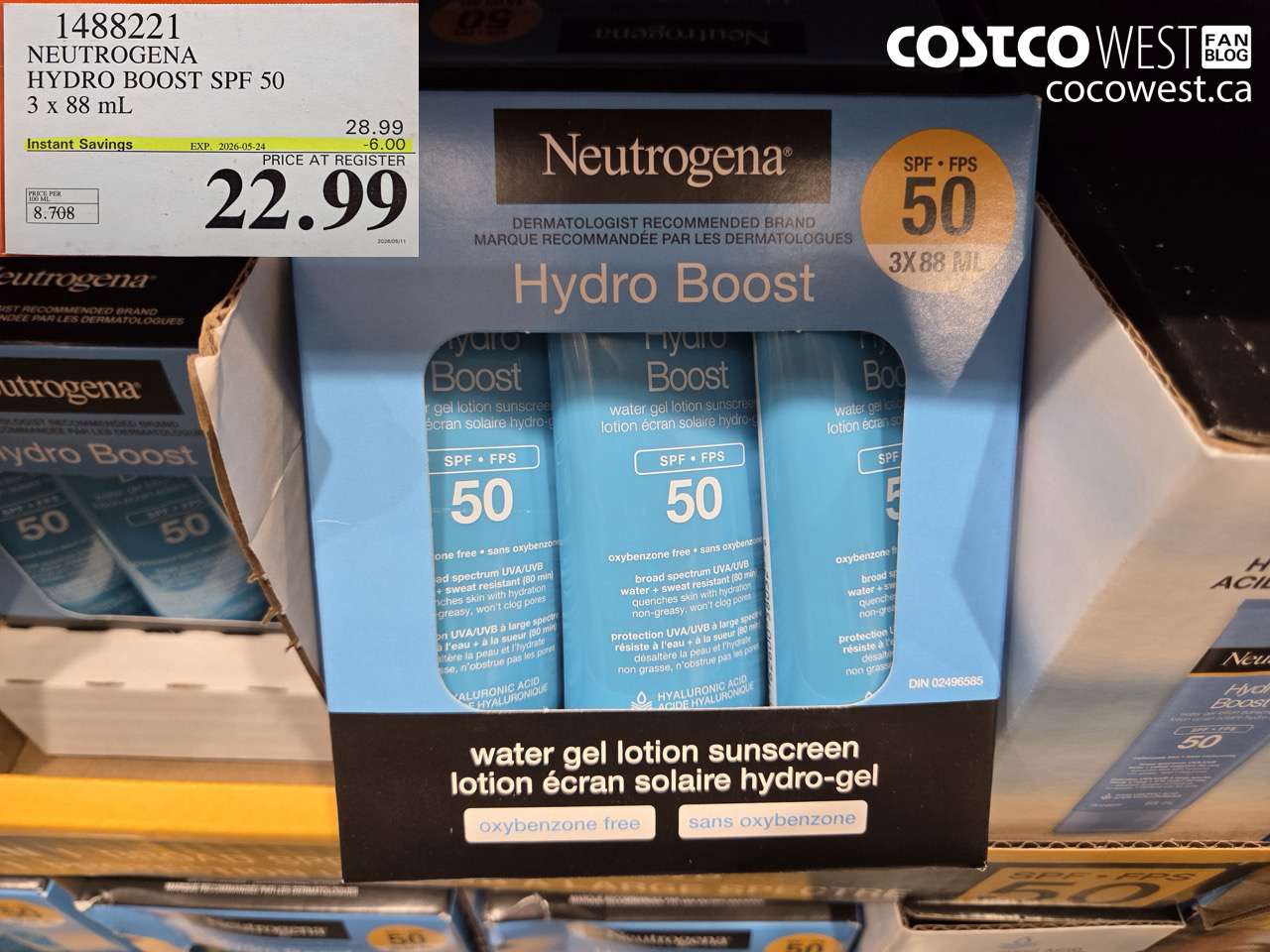 1488221 NEUTROGENA HYDRO BOOST SPF 50 3 X 88 ML ($6.00 INSTANT SAVINGS EXPIRES ON 2026-05-24) $22.99