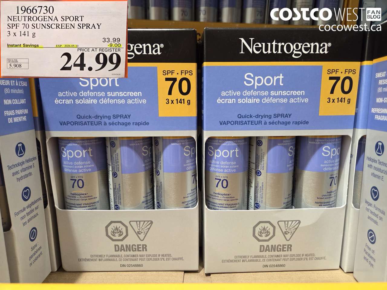 1966730 NEUTROGENA SPORT SPF 70 SUNSCREEN SPRAY 3 X 141 G ($9.00 INSTANT SAVINGS EXPIRES ON 2026-05-10) $24.99