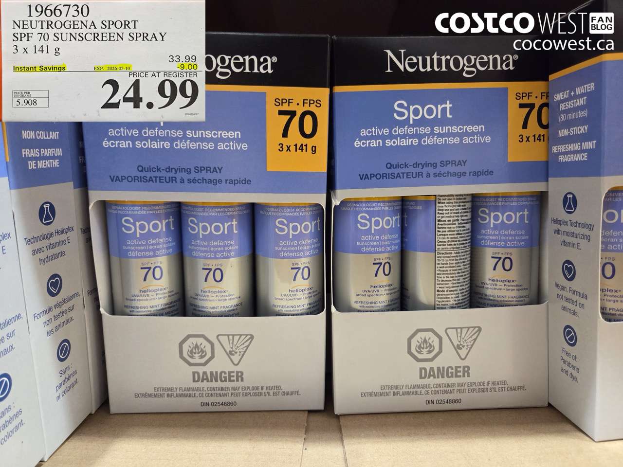 1966730 NEUTROGENA SPORT SPF 70 SUNSCREEN SPRAY 3 X 141 G ($9.00 INSTANT SAVINGS EXPIRES ON 2026-05-10) $24.99