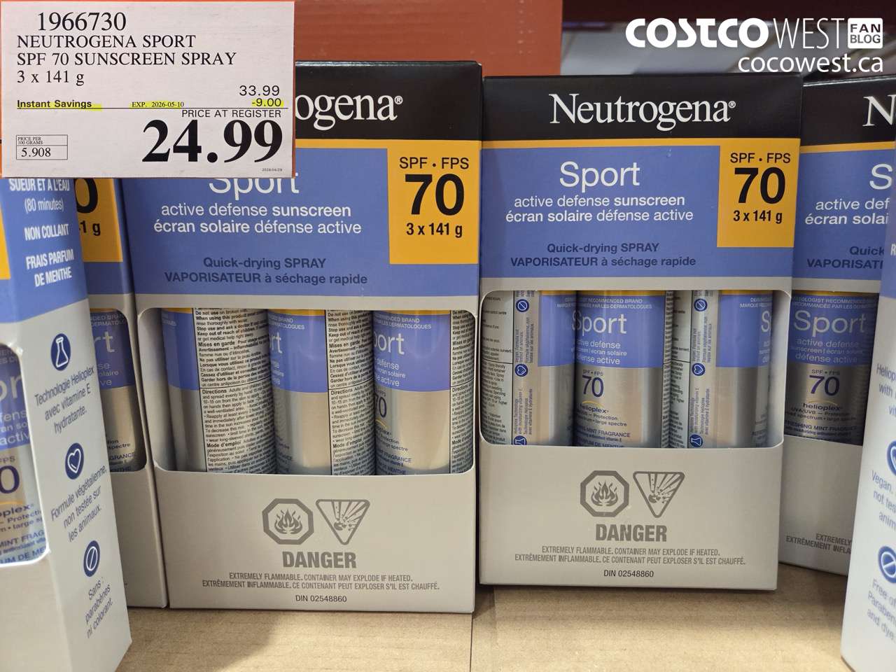 1966730 NEUTROGENA SPORT SPF 70 SUNSCREEN SPRAY 3 X 141 G ($9.00 INSTANT SAVINGS EXPIRES ON 2026-05-10) $24.99