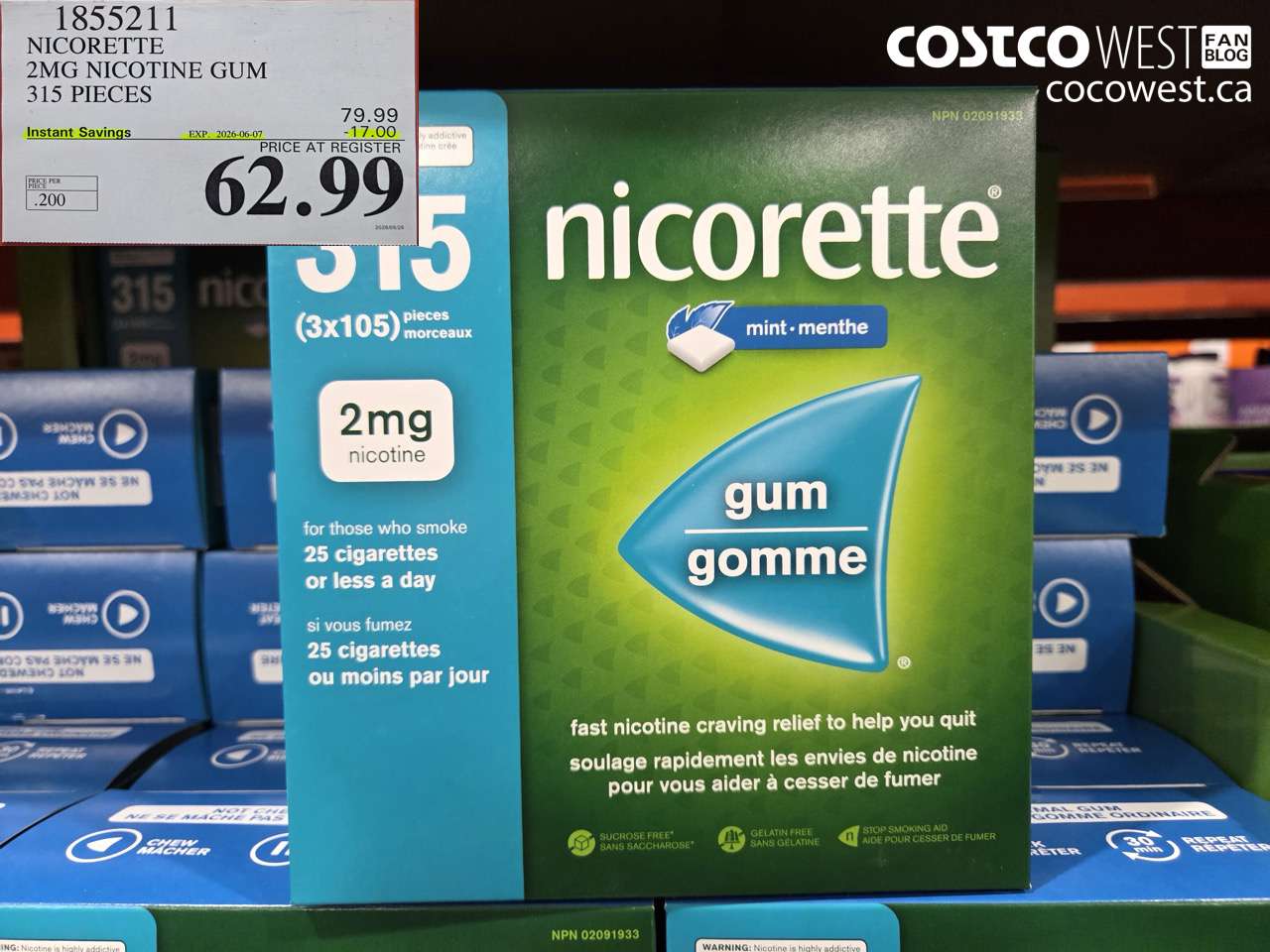 1855211 NICORETTE 2MG NICOTINE GUM 315 PIECES ($17.00 INSTANT SAVINGS EXPIRES ON 2026-06-07) $62.99