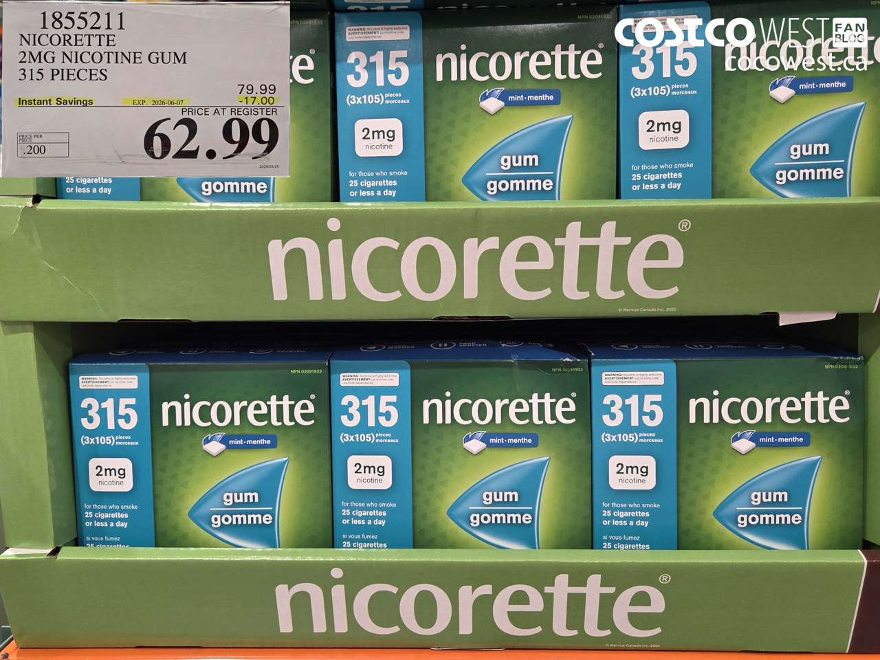 1855211 NICORETTE 2MG NICOTINE GUM 315 PIECES ($17.00 INSTANT SAVINGS EXPIRES ON 2026-06-07) $62.99