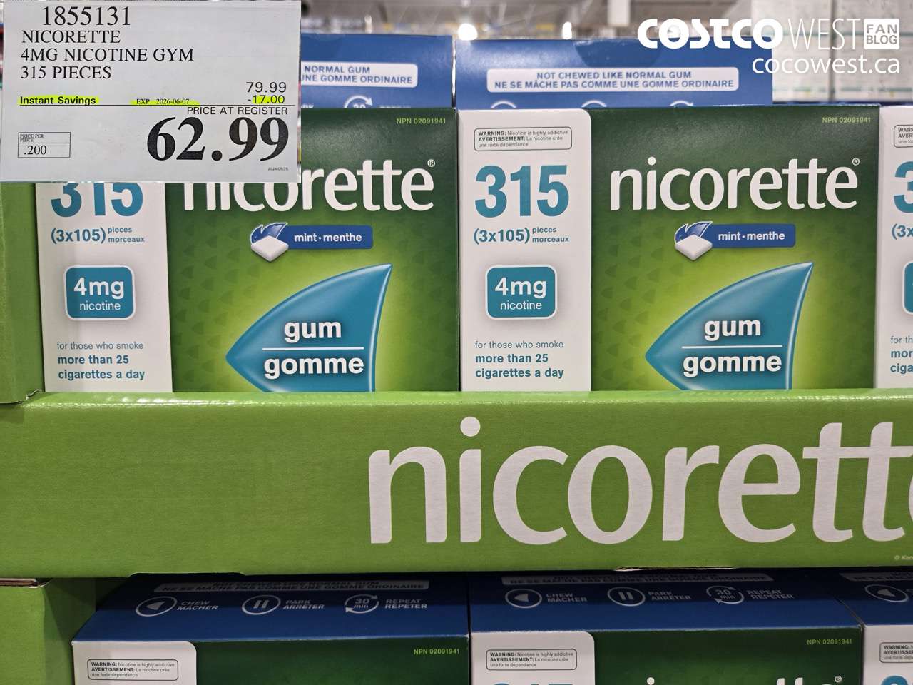 1855131 NICORETTE 4MG NICOTINE GYM 315 PIECES ($17.00 INSTANT SAVINGS EXPIRES ON 2026-06-07) $62.99