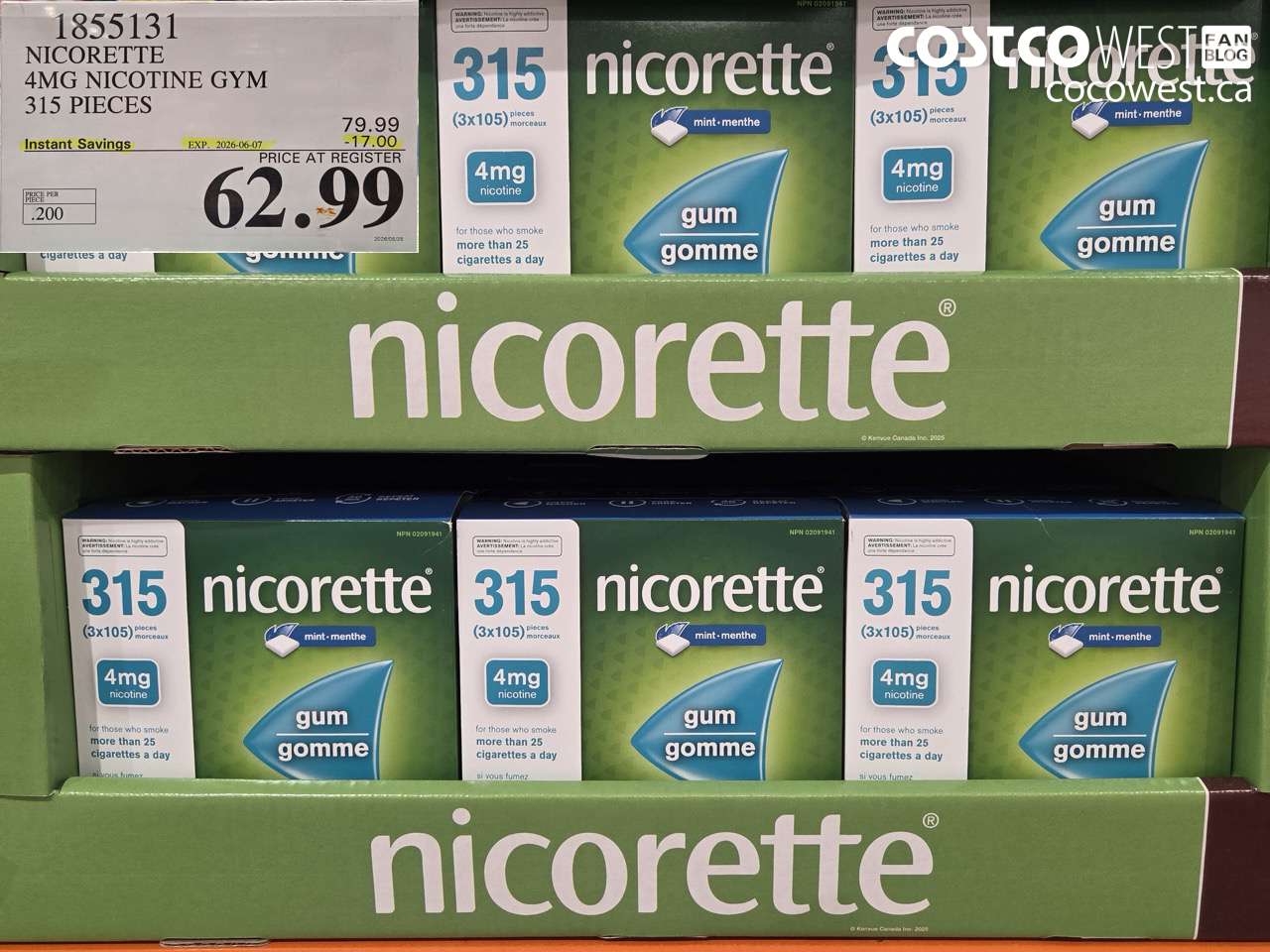 1855131 NICORETTE 4MG NICOTINE GYM 315 PIECES ($17.00 INSTANT SAVINGS EXPIRES ON 2026-06-07) $62.99