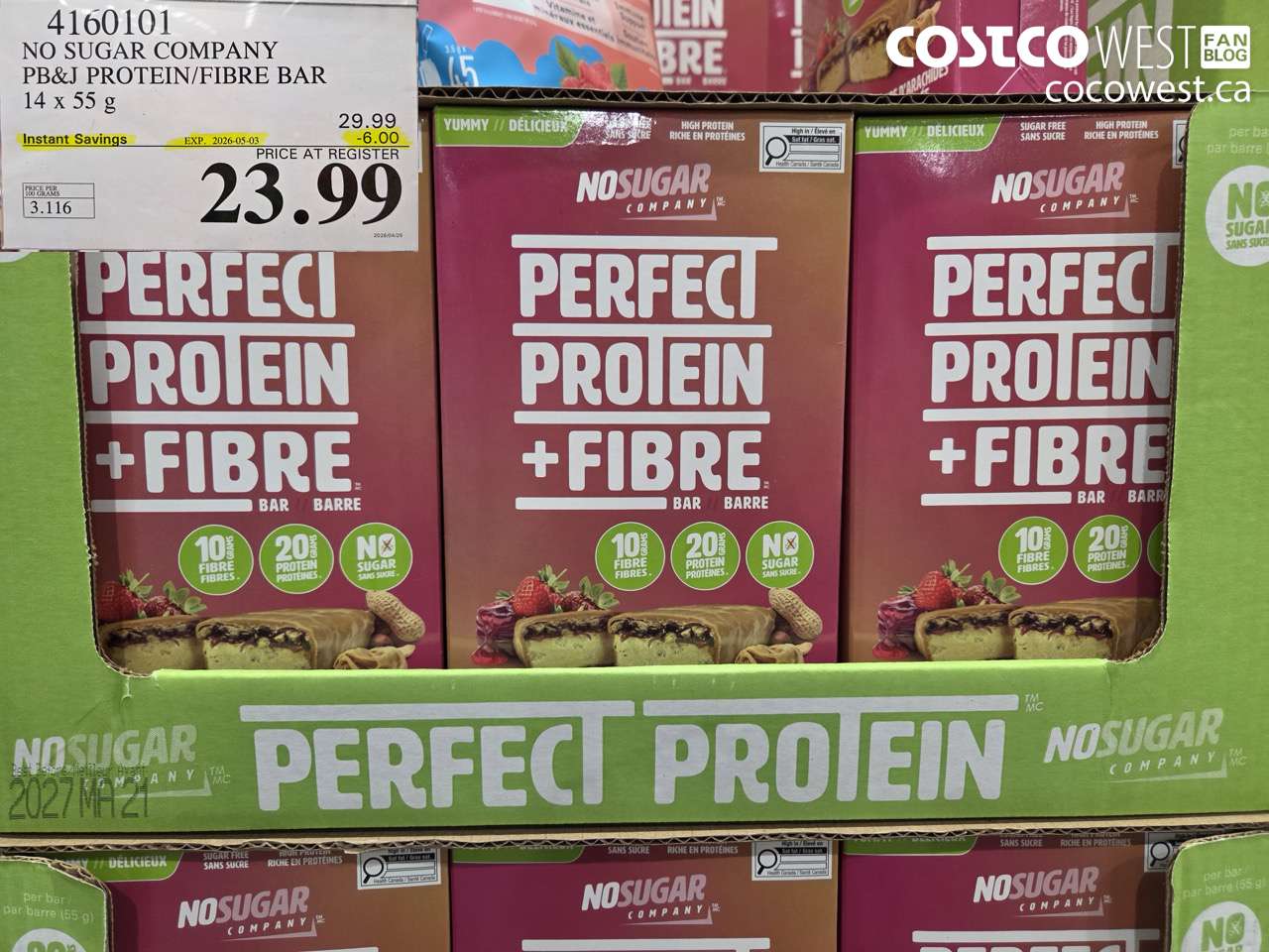 4160101 NO SUGAR COMPANY PB&J PROTEIN/FIBRE BAR 14 X 55 G ($6.00 INSTANT SAVINGS EXPIRES ON 2026-05-03) $23.99