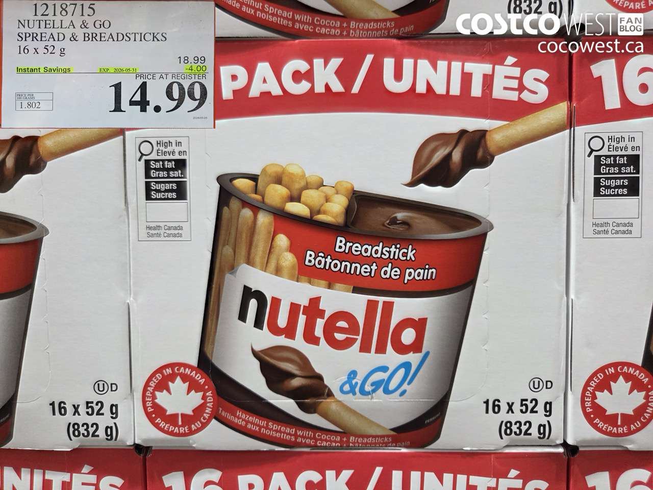 1218715 NUTELLA & GO SPREAD & BREADSTICKS 16 X 52 G ($4.00 INSTANT SAVINGS EXPIRES ON 2026-05-31) $14.99