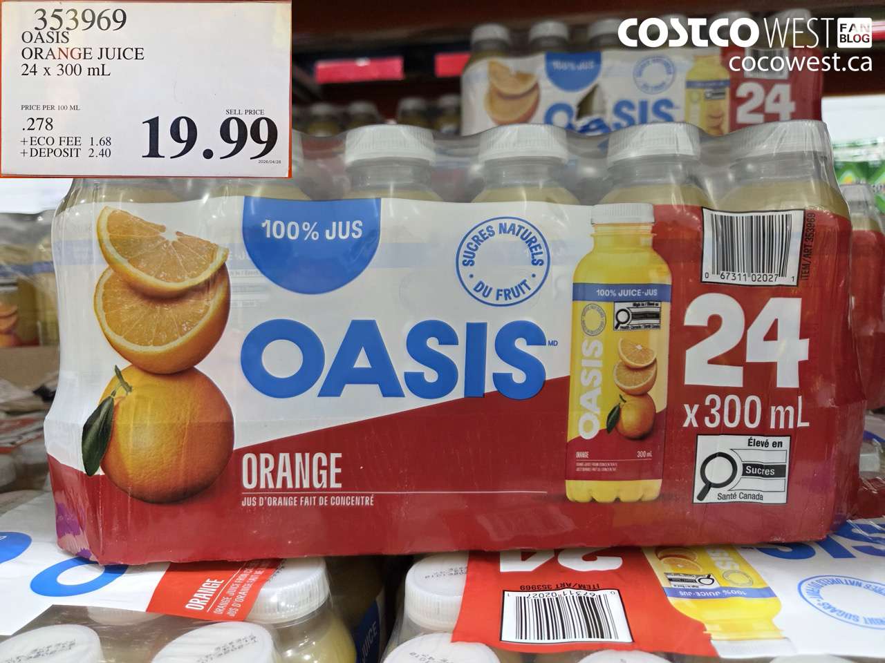 353969 OASIS ORANGE JUICE 24 X 300 ML $19.99