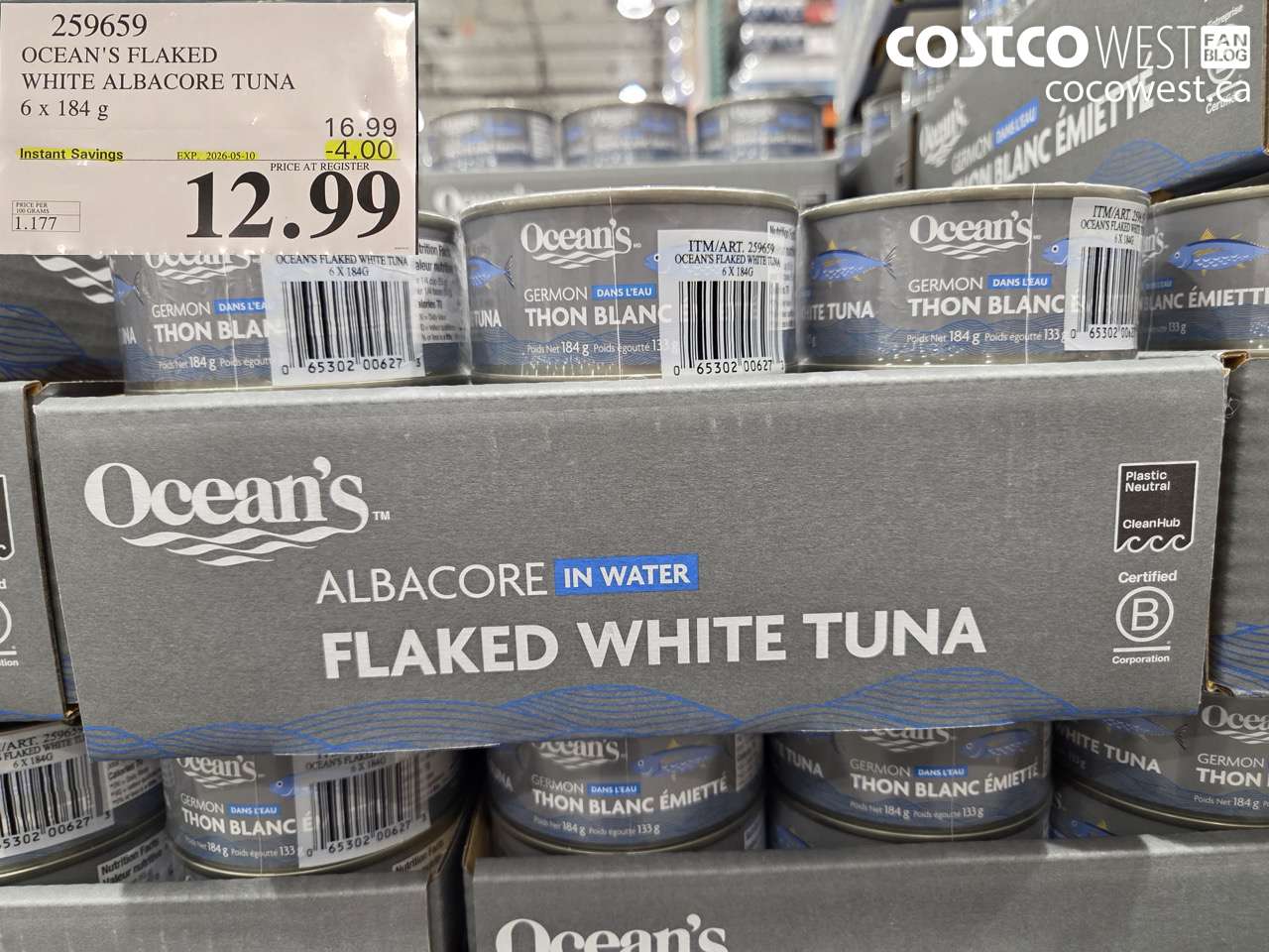 259659 OCEAN'S FLAKED WHITE ALBACORE TUNA 6 X 184 G ($4.00 INSTANT SAVINGS EXPIRES ON 2026-05-10) $12.99