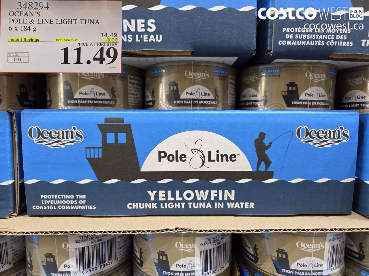 348294 OCEAN'S POLE & LINE LIGHT TUNA 6 X 184 G ($3.00 INSTANT SAVINGS EXPIRES ON 2026-05-17) $11.49