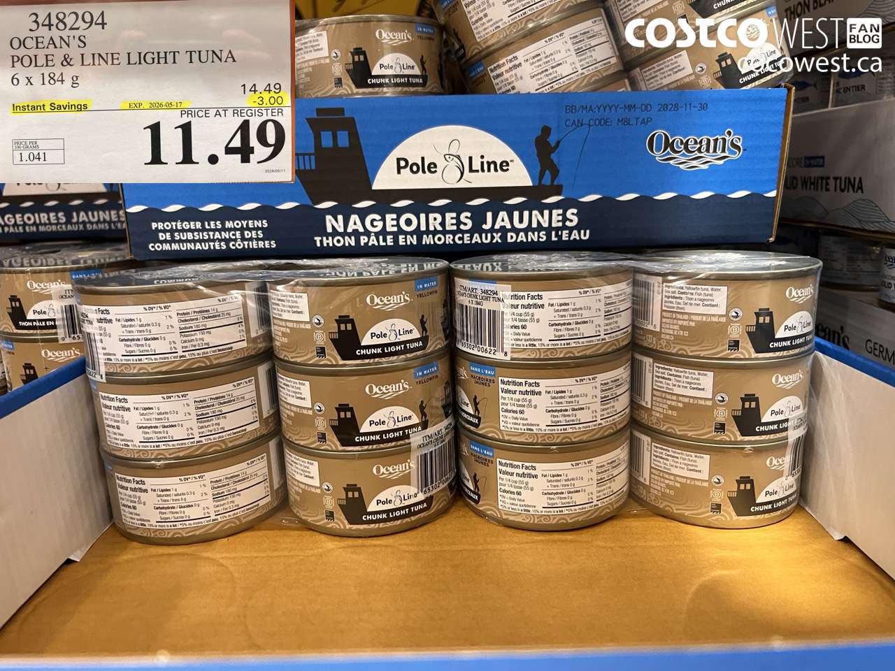 348294 OCEAN'S POLE & LINE LIGHT TUNA 6 X 184 G ($3.00 INSTANT SAVINGS EXPIRES ON 2026-05-17) $11.49