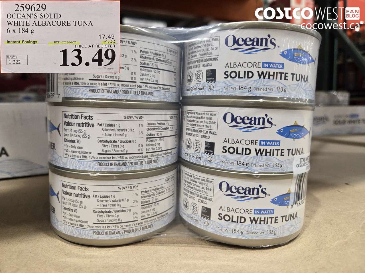 259629 OCEAN'S SOLID WHITE ALBACORE TUNA 6 X 184 G ($4.00 INSTANT SAVINGS EXPIRES ON 2026-06-07) $13.49