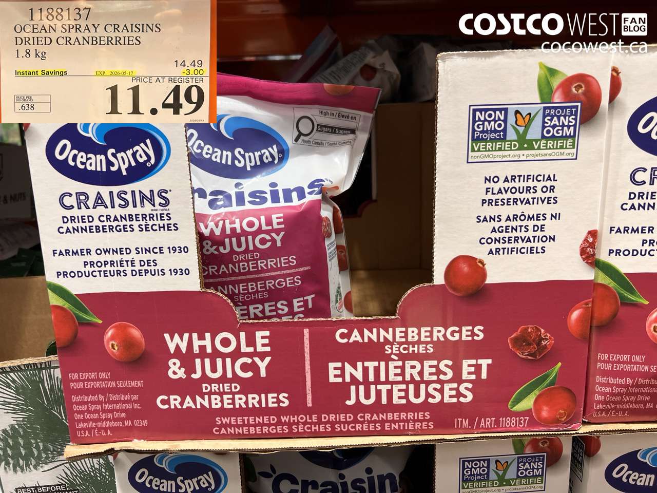 1188137 OCEAN SPRAY CRAISINS DRIED CRANBERRIES 1.8 KG ($3.00 INSTANT SAVINGS EXPIRES ON 2026-05-17) $11.49