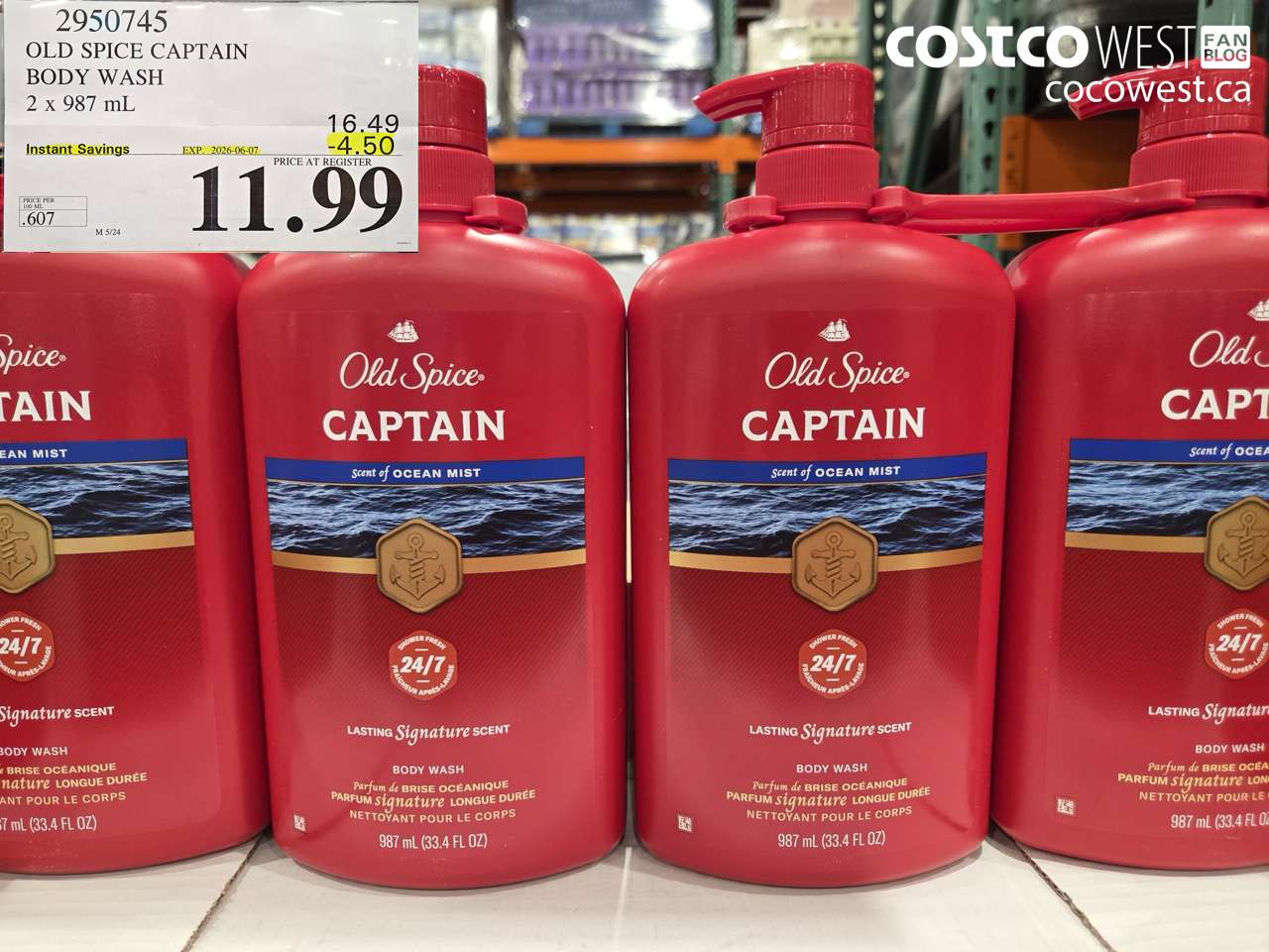 2950745 OLD SPICE CAPTAIN BODY WASH 2 X 987 ML ($4.50 INSTANT SAVINGS EXPIRES ON 2026-06-07) $11.99